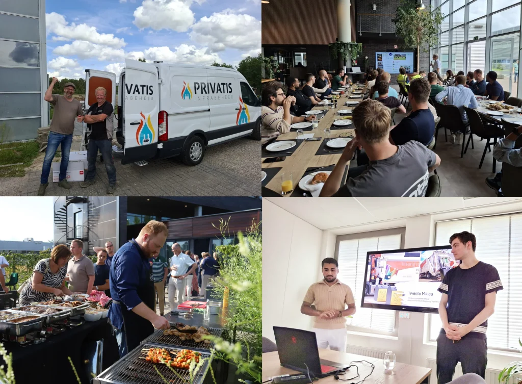 Privatis company event: medewerkers bij bedrijfsvan, lunch presentatie, barbecue en teambuilding activiteiten