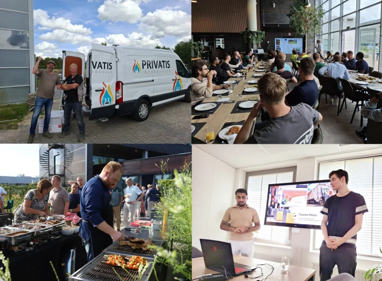 Privatis company event: medewerkers bij bedrijfsvan, lunch presentatie, barbecue en teambuilding activiteiten