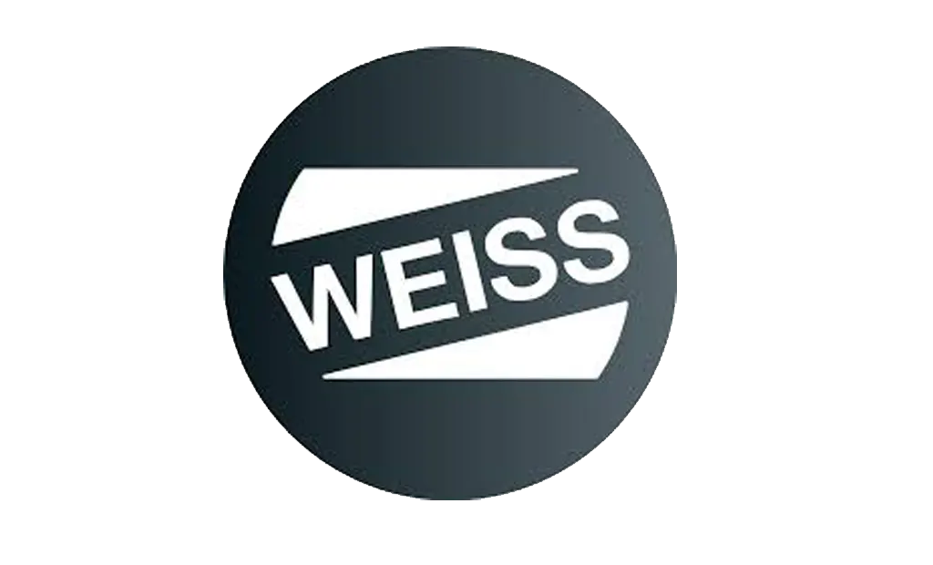 WEISS logo - wit bedrijfslogo op donkergrijze cirkelachtergrond met moderne typografie