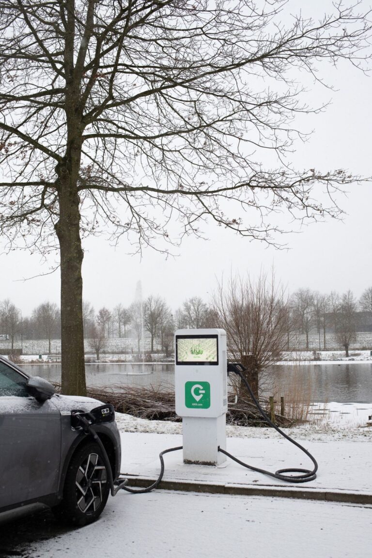 Elektrische auto wordt opgeladen bij laadpaal in winter landschap met sneeuw en meer op de achtergrond