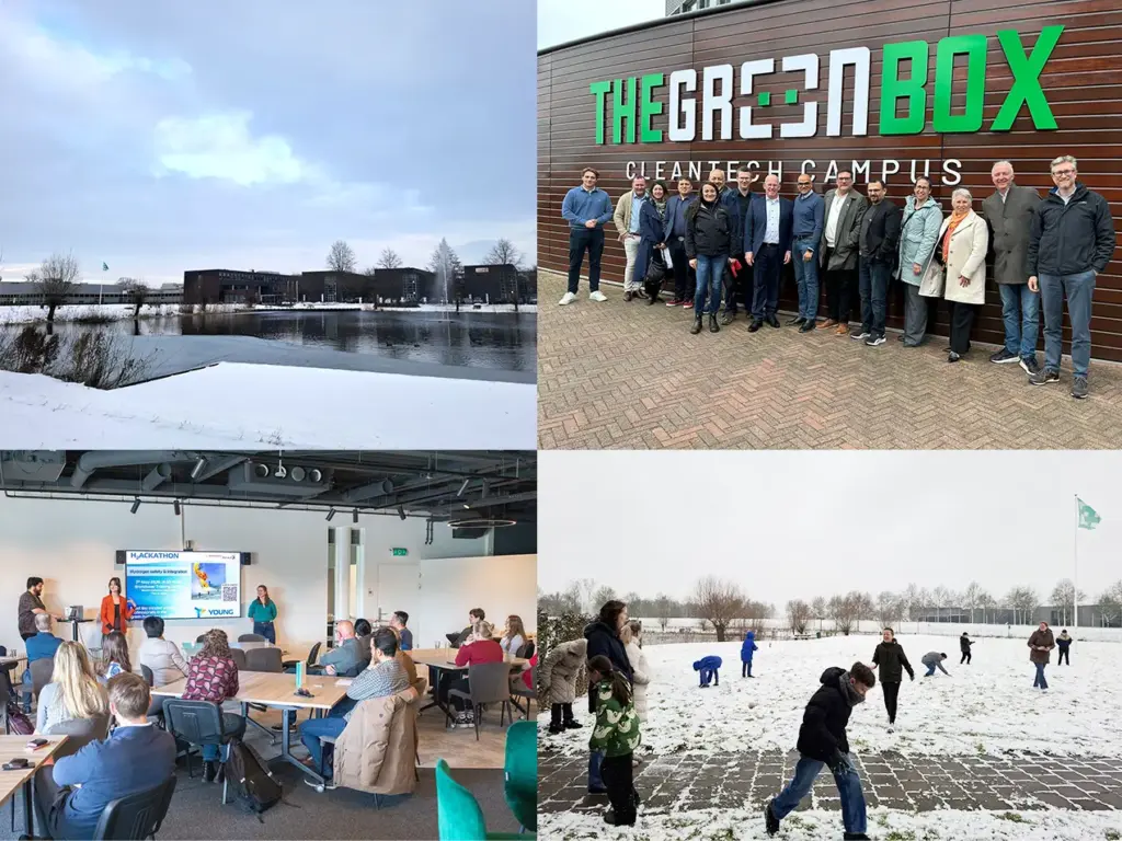 Collage van The Green Box Cleantech Campus: winterlandschap, groepsfoto voor gebouw, presentatie en teambuilding in sneeuw.